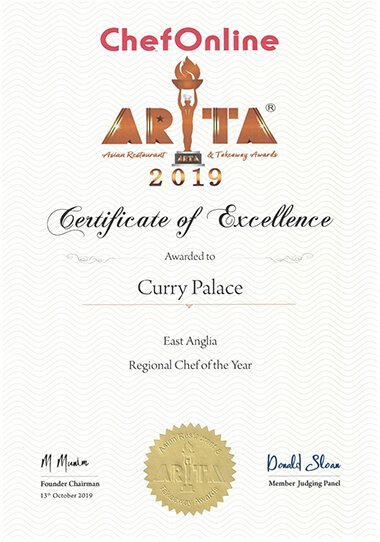 ARTA 2019 | East Anglia Region Best Chef of The Year Certificate Curry Palace