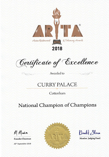 ARTA 2018 Champion of Champions Certificate Curry Palace
